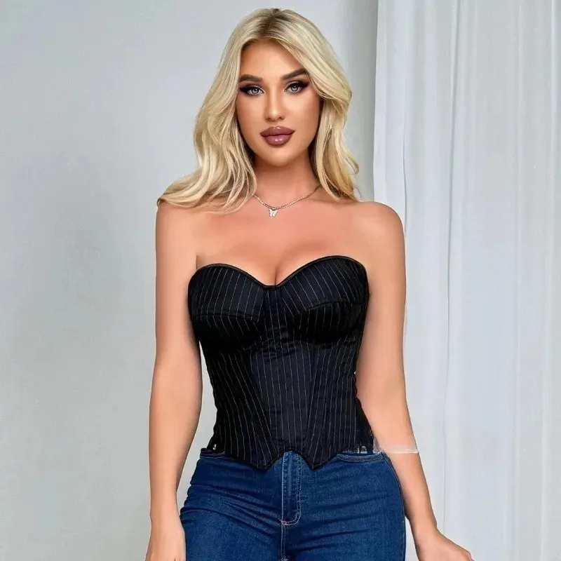Bestseller Women's Striped Blazer with Built-in Underwire Bra, Side Zipper & Boned Corset Design - Slim Fit Fashion Jacket - Image 2